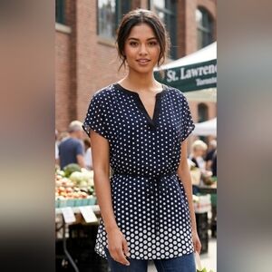 Ricki's Black & White Polka Dot V-Neck Tunic with Waist Tie - Size M
